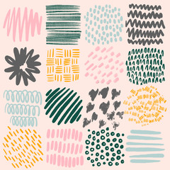Fototapeta premium Big set of vector soft color hand drawn patterns and textures for print, collage, wallpaper, home decoration, spring summer fabric and textile, invitation, background, paper, artwork