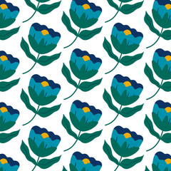 Repeat pattern with flowers and green leaves in blue on white background. Hand drawn background. Vector tiles design. For fashion summer fabric, gift wrap, wallpaper and package design