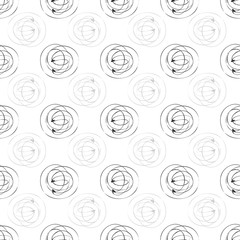 Scribbled ink grunge circle vector seamless pattern background. Hand drawn brush stroke black and white ring shapes backdrop. Simple swirl design. Minimal all over print for modern packaging concept
