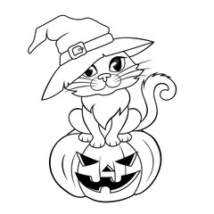 Halloween cat in a witch hat sitting on halloween pumpkin. Black and white illustration for coloring book