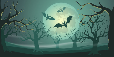 Halloween background with forest, moon and bats