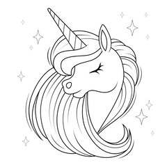 Cute cartoon unicorn head with mane. Black and white vector  illustration for coloring book