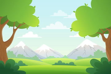 Landscape with trees, bush and mountains. Vector background with green grass and blue sky