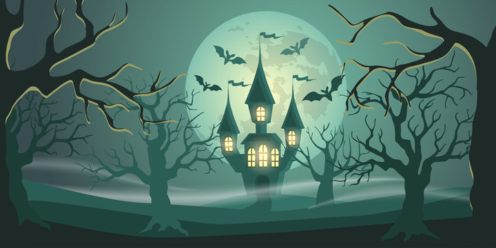 Halloween background with castle in forest, moon and bats