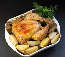 baked chicken with greens on a black background