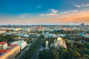 Riga, Latvia. Riga Cityscape. Top View Of Buildings Ministry Of Justice, Supreme Court, Cabinet Of Ministers In Summer Evening. Aerial View.