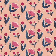 Repeat pattern with flowers and leaves on soft pink background. Hand drawn floral tile design. For textile and fabric, gift wrap, wall art design, package, home decor, wallpapers, spring fashion