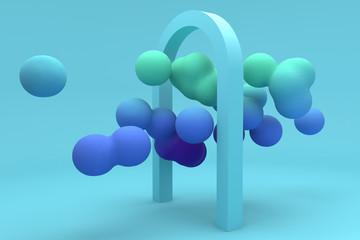 3d image of floating liquid blobs, bubbles in gradient, hologprahic colors through a turquoise gate, metaballs
