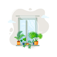 Window with exotic potted plants. Home gardening, urban jungle, house plant concept. Great for interior, banner, poster, flower shop. Vector illustration.