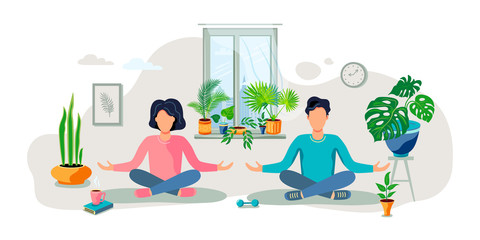 A man and a woman are sitting in a meditative pose at green home. Home gardening, urban jungle, house plant concept. Balanced and healthy lifestyle. Flat cartoon style design vector illustration.