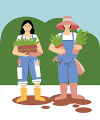 People with plants working in garden vector illustration. Gardeners on work, with plants in hands, springtime activity. Can be used as print, postcard, poster, packaging, magazine or web illustration.