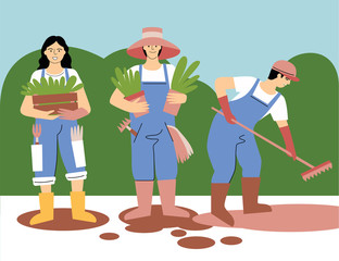 Vector illustration. Gardeners on work. Springtime activity. Can be used as print, postcard, poster, packaging design, magazine or web illustration and so on.