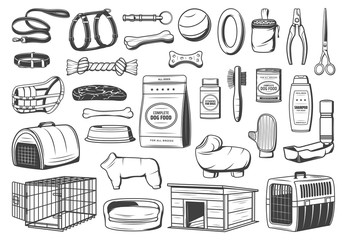 Dog animal care supply isolated icons of pet shop vector design. Dog or puppy food, toys and grooming accessories, feeding bowl, collar and leash, kennel, bed, carrier and harness, brush and shampoo