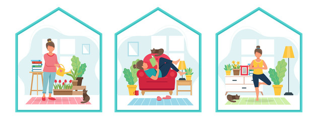 Stay home concept. Woman watering plants, reading a book, doing yoga in cozy modern interior. Vector illustration in flat style