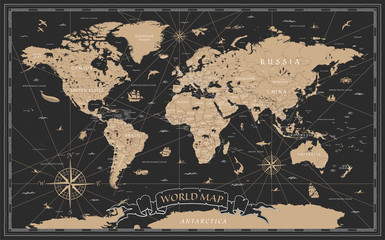 Weltkarte, Altmodisch, Schwarz, Goldenes, Ausführlich, -, Vector
