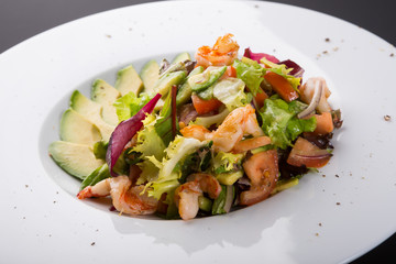 Avocado and shrimp salad in a white bowl plate