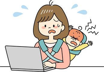 テレワーク中に赤ちゃんが大泣きして焦るお母さん