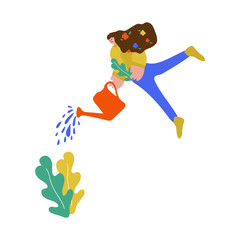 Obraz premium Vector illustration Girl with a bore flat vector illustration. Flat design women. Girl with plants plants isolated cartoon characters. Demonstration of a garden, garden, planting
