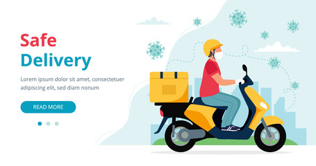 Safe delivery concept, scooter delivery service concept, male courier wearing mask, riding scooter with delivery box. Vector illustration in flat style