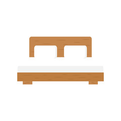 Bed vector illustration. Double wooden house equipment for bedroom, hotel room. Cartoon furniture icon isolated on white background.