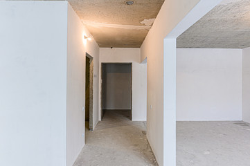 Russia, Moscow- January 15, 2020: interior room apartment modern bright cozy atmosphere. rough repair for self-finishing. interior decoration, bare walls of the room, stage of construction