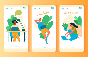 People working from home mobile app screen templates. Business man and woman online working, freelance. Choosing Online Smartphone Web Pages Vector Layout. Flat Cartoon vector illustration.
