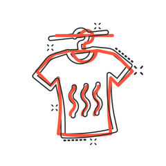 T-shirt washing icon in comic style. Clothes dry cartoon vector illustration on white isolated background. Shirt laundry splash effect business concept.