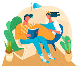 Young man and woman reading the books at home, stay at home, self-isolation. Cartoon Flat vector illustration