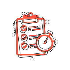 Document witch clock icon in comic style. Checklist survey cartoon vector illustration on white isolated background. Fast service splash effect business concept.