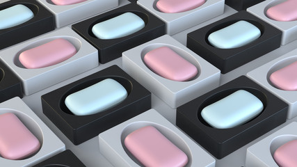 Group of pink and blue soaps in the black and white soap-dishes on a white background. Grid structure. 3d render.