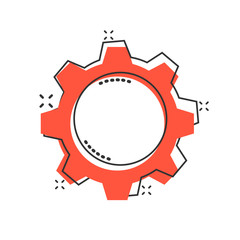 Gear vector icon in comic style. Cog wheel cartoon illustration on white isolated background. Gearwheel cogwheel splash effect business concept.