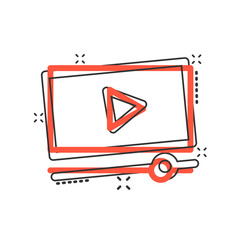 Film icon in comic style. Movie cartoon vector illustration on white isolated background. Play video splash effect business concept.