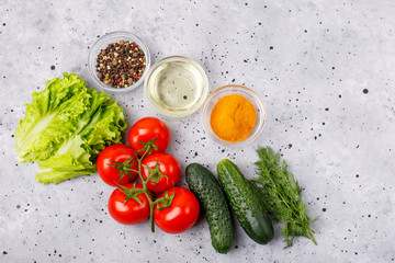 vegetables and spices on a grey background, cooking concept. Food background.