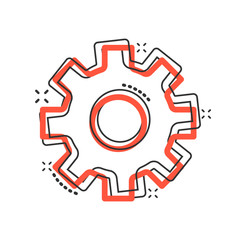 Gear vector icon in comic style. Cog wheel cartoon illustration on white isolated background. Gearwheel cogwheel splash effect business concept.