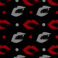 Print of sexy imprinted lips with red lipstick on an isolated white background. On wrapping paper fabric wallpaper for social networks logo. World Kiss, Valentine's Day. Vector stock illustration.