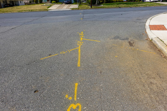 Yellow markings on an asphalt street that show where the utility lines are berried so that they can be avoided if the road is dug up for repairs