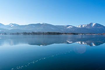 Beautiful mountains landscape, lake and mountain against blue sky. Saint Wolfgang im Salzkammergut in Austria 