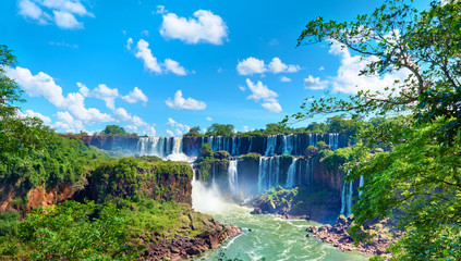 Iguazu waterfalls in Argentina, powerful water streams creating mist over Iguazu river. Panoramic image of waterfalls and sub-tropical rain forest in the river valley.