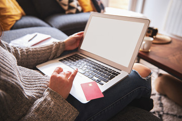 Female online shopping on laptop