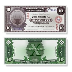 Fictional paper money USA. Ten dollars dedicated to the Mississippi. Motto in Latin By Valor and Arms. Head of deer