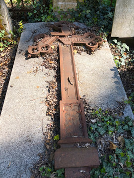 Creepy Gothic Grave With Broken Crucifix