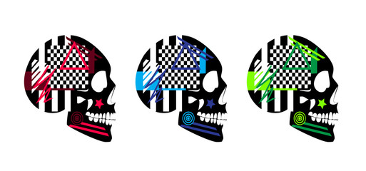 Colorful skull icons, pop art background on the white background 