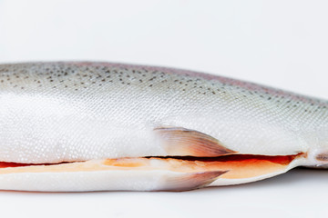 Part of a sliced raw trout on a white background. Space for text.