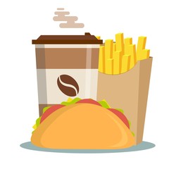 Fast Food . Hamburger Classic Burger Potatoes French Fries in . Package Box Blank Cardboard Cups for Coffee Soft Drinks- Take Away Handle Lunch Bags. Vector flat design illustration.