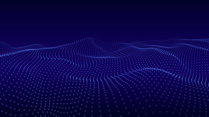 Abstract blue background of moving particles. Futuristic dotted 3D wave. Big data. Vector illustration.