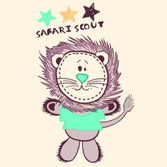 Funny little lion safari scout adventure vector character illustration