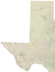 High resolution topographic map of western Texas with land cover, rivers and shaded relief in 1:1.000.000 scale.	
