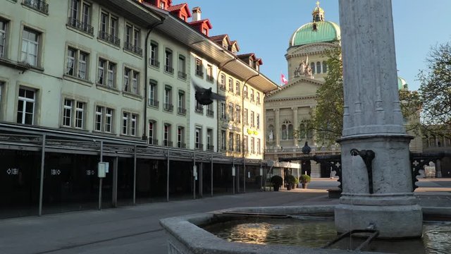 Pigeons in empty B&auml;renplatz in Bern. Coronavirus time.