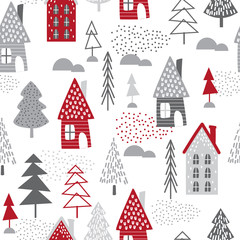 Seamless Christmas tree and house design, Christmas pattern with red and silver colored, vector illustration