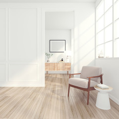 Modern minimal room with armchair and side table, white pattern wall. 3D rendering